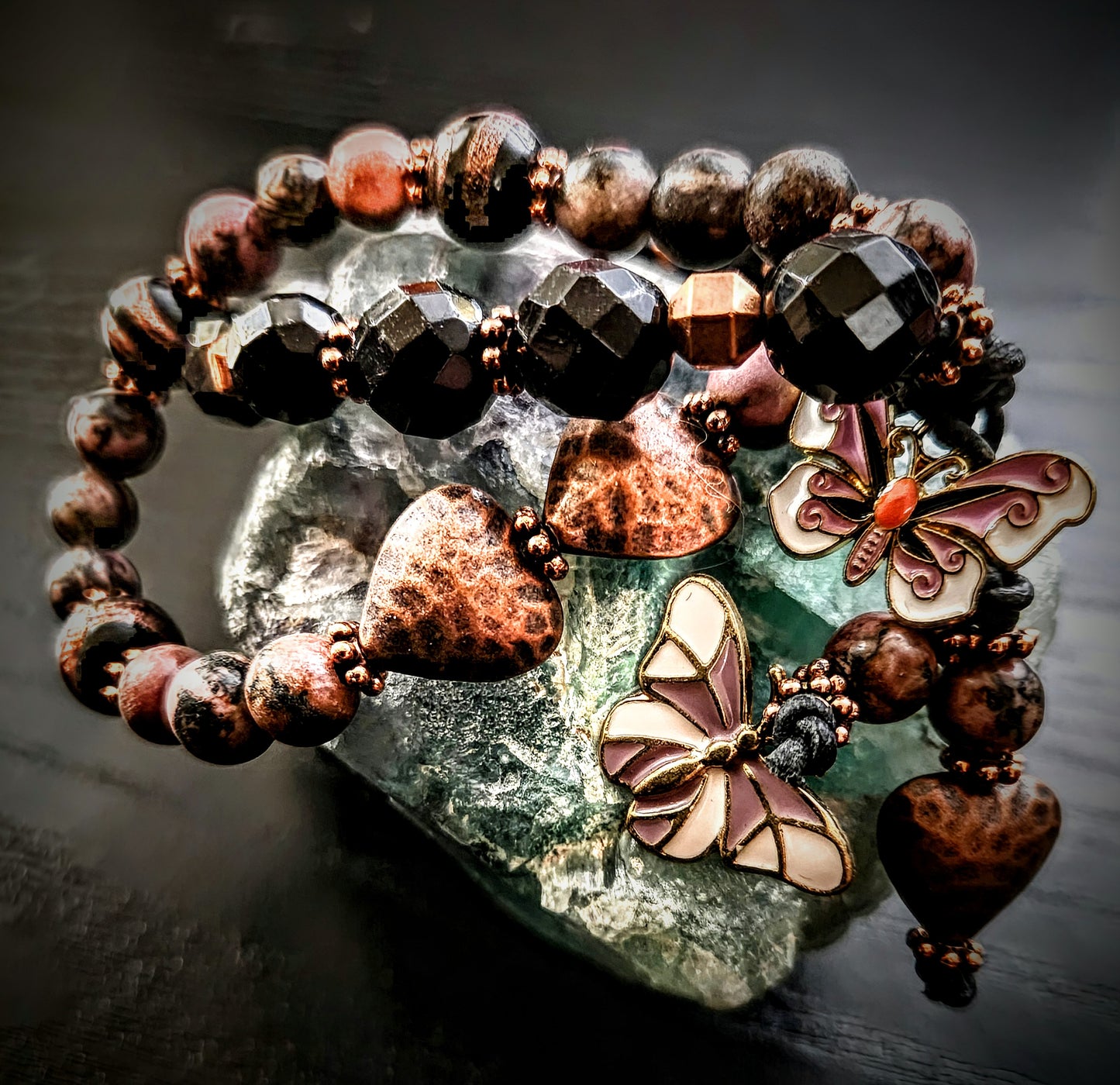 Pink and Taupe Rhodochrosite Dual Crystal Energy with Butterfly Charm Clasp