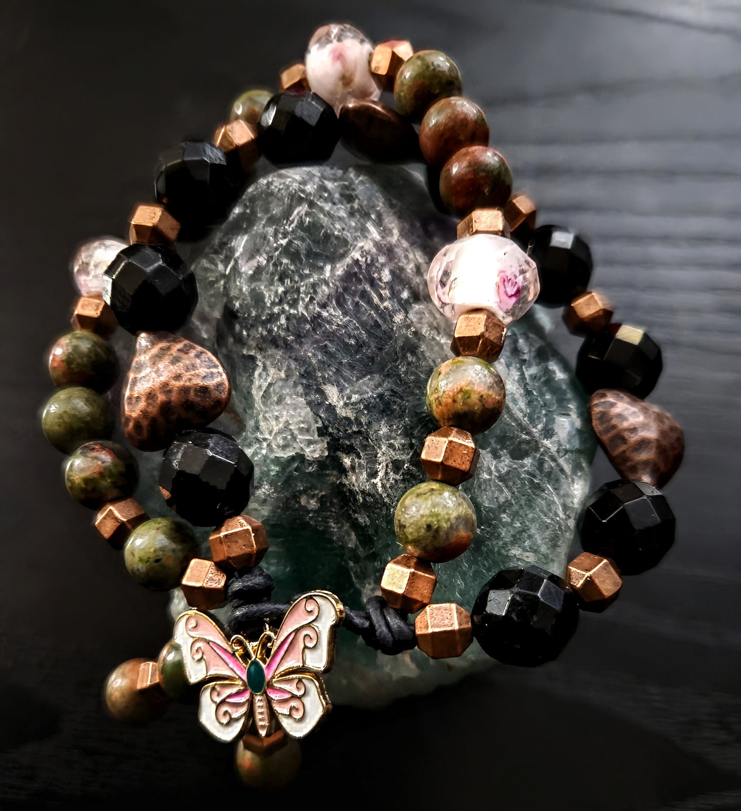 Pink and Olive Unakite Dual Crystal Energy with Butterfly Charm Clasp