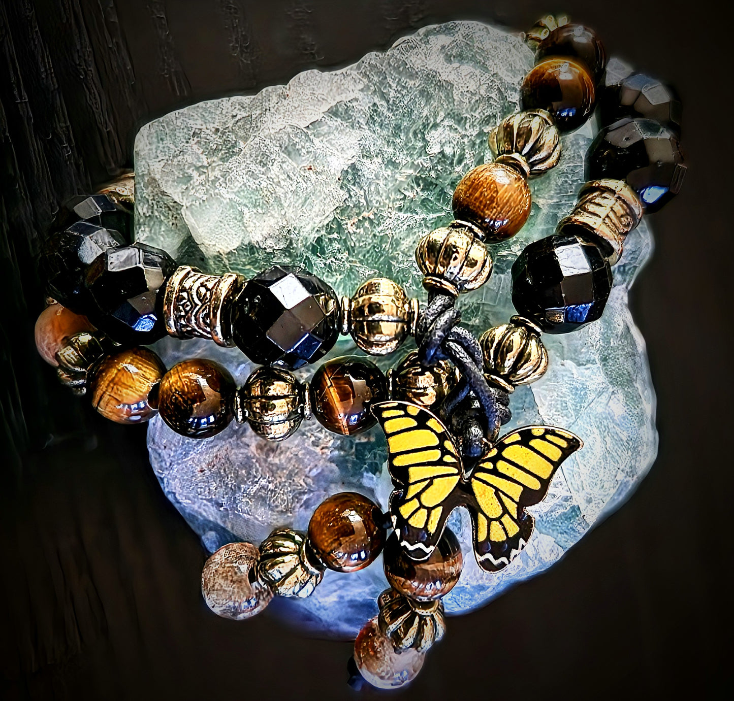 Golden Tiger Eye Dual Crystal Energy with Butterfly Charm Clasp