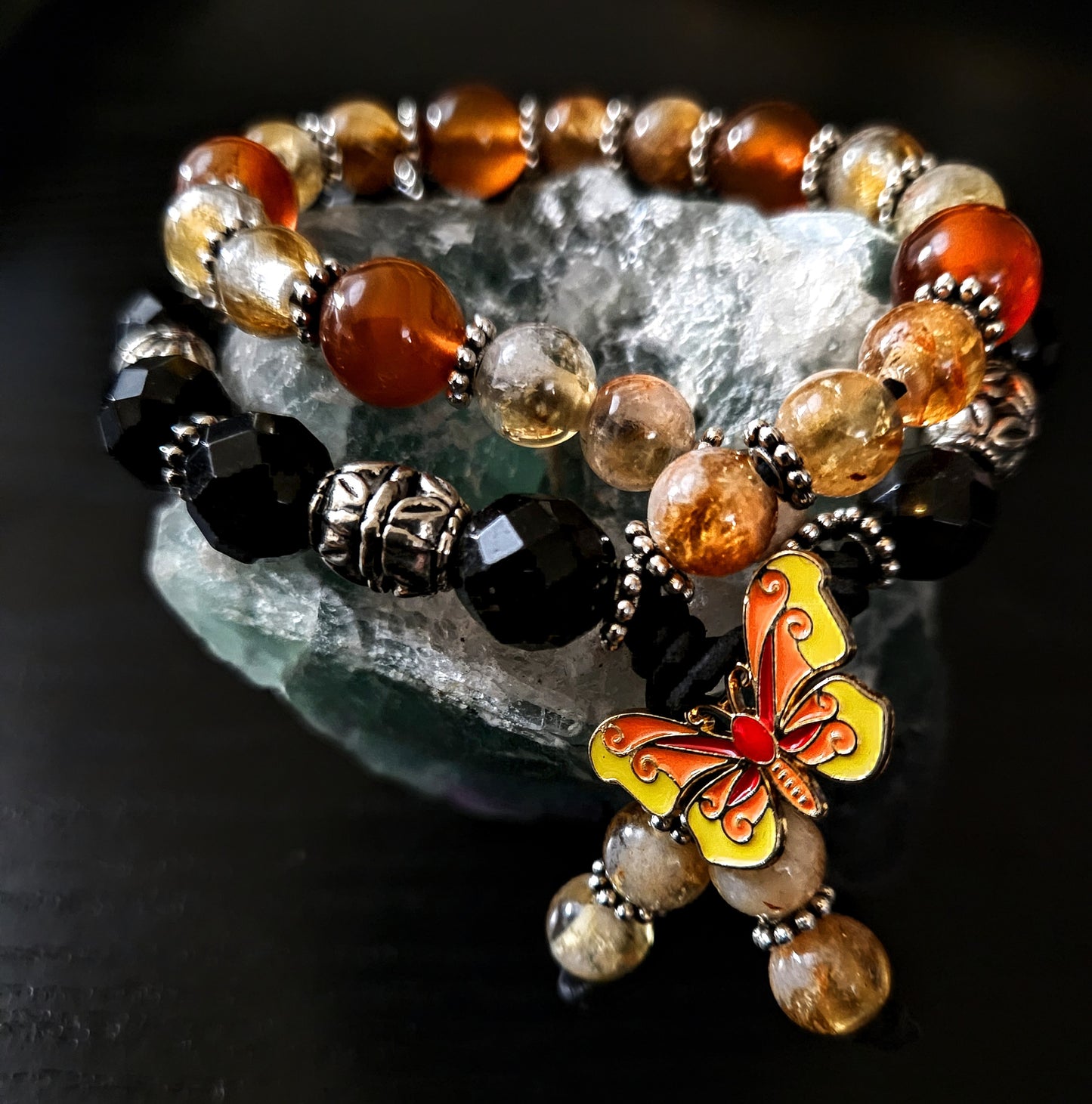 Amber Ombre Carnelian Dual Crystal Energy with Butterfly Charm Clasp
