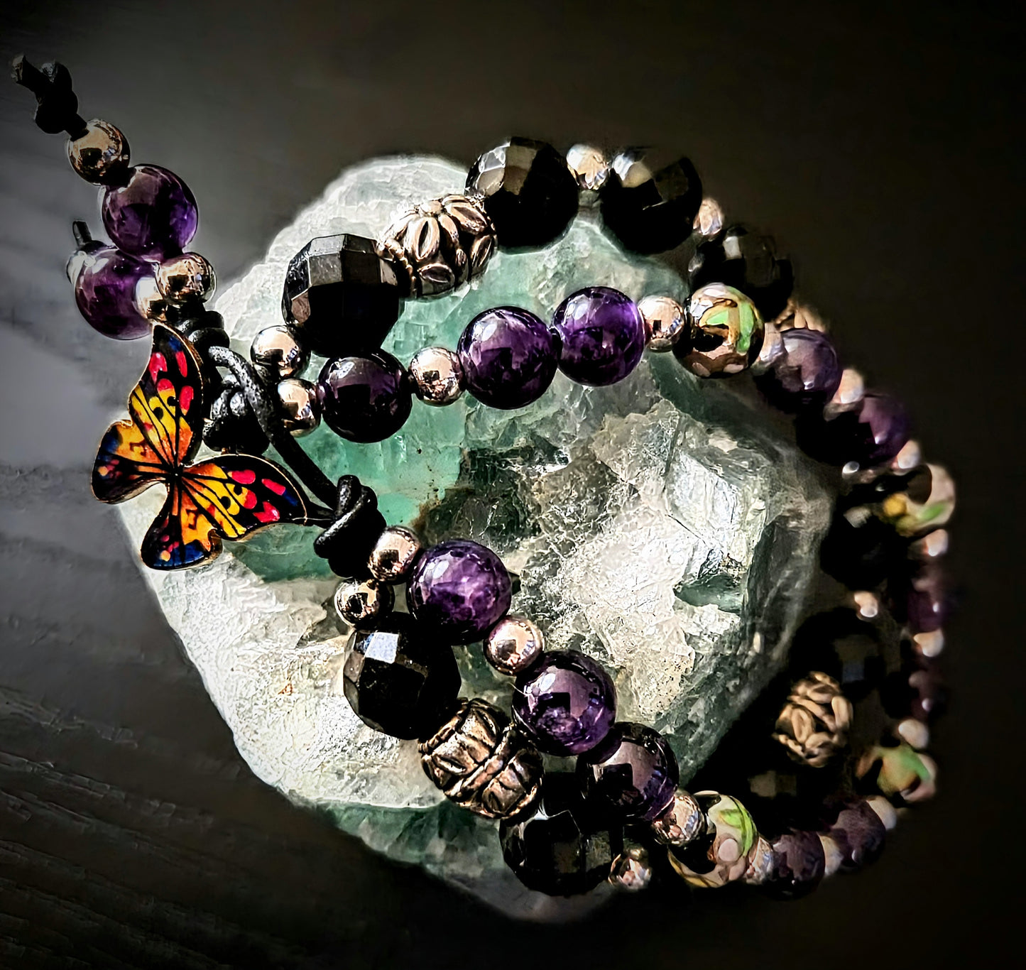 Purple Amethyst Dual Crystal Energy with Butterfly Charm Clasp