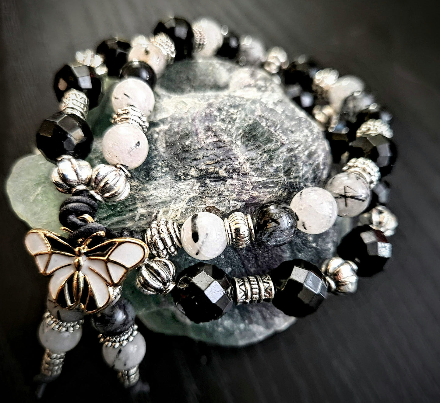 Black Rutilated White Quartz Dual Crystal Energy with Butterfly Charm Clasp