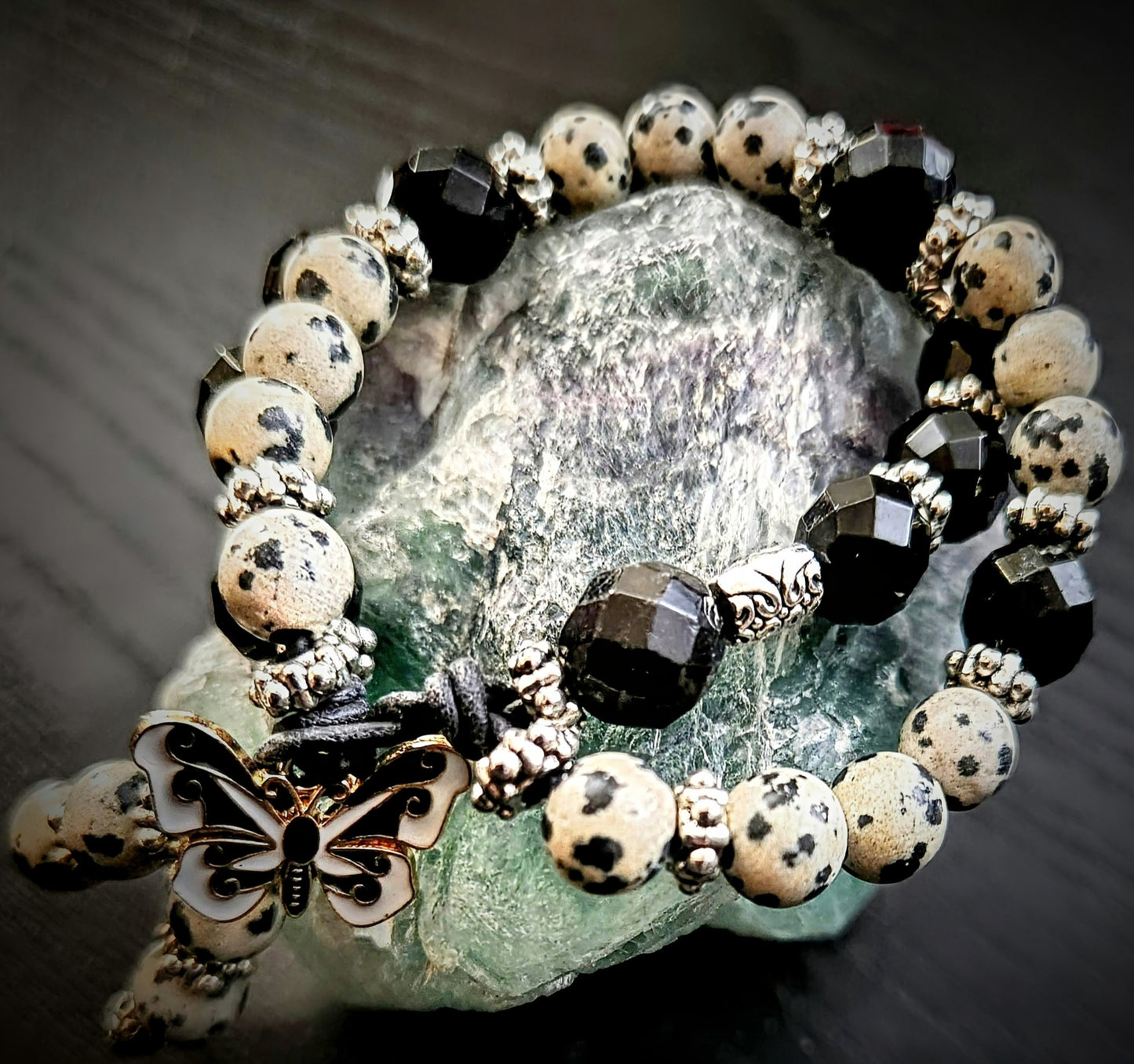 Black and White Dalmatian Jasper Dual Crystal Energy with Butterfly Charm Clasp