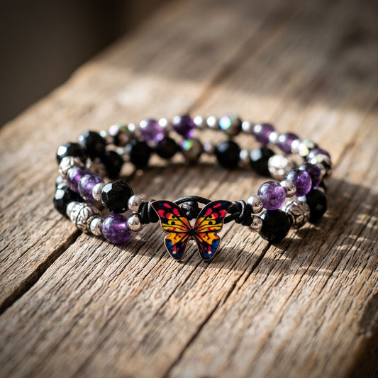 Close-up of a small purple amethyst crystal bracelet with silver butterfly clasp on textured wooden table, emphasizing delicate craftsmanship and peaceful mood.